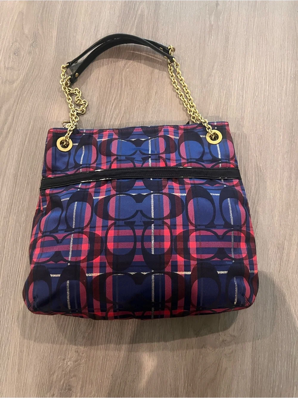 Coach Poppy metallic Tartan Plaid slim chain tote